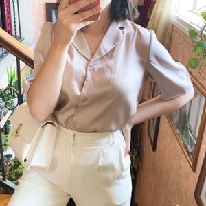 Shein notch neck solid apricot champagne beige blouse button up NEW